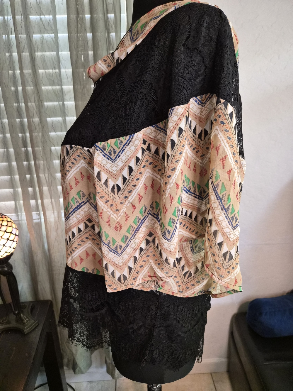 Ryu Black Lace & Multicolor Aztec Print Kimono #0258 - Picture 3 of 7